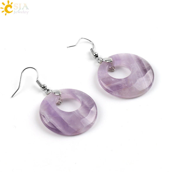 Simple Natural Stone Agate Crystal Round Earrings With Copper Accessories Peace Buckle Style Jewelry