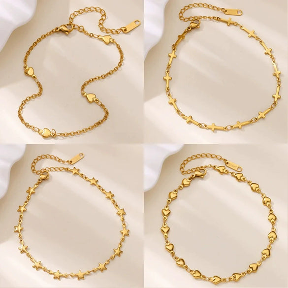 Simple New Style 18K Gold Plated Stainless Steel Women's Anklet With Heart Shaped Cross And Luo Blade Chain