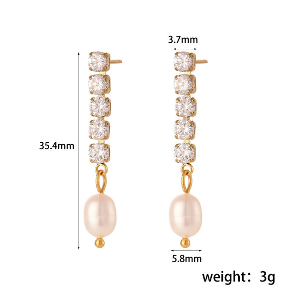 Simple Niche Light Luxury Women's Stainless Steel Freshwater Pearl Earrings With Zircon Chain And Geometric Design Electroplated
