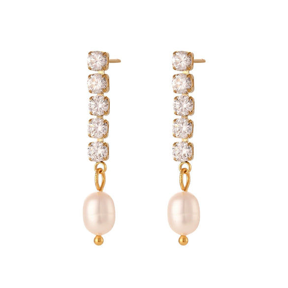 Simple Niche Light Luxury Women's Stainless Steel Freshwater Pearl Earrings With Zircon Chain And Geometric Design Electroplated