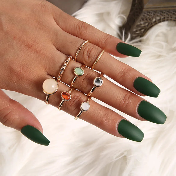 Simple Opal Champagne Color Alloy Diamond Ring Set Of 8