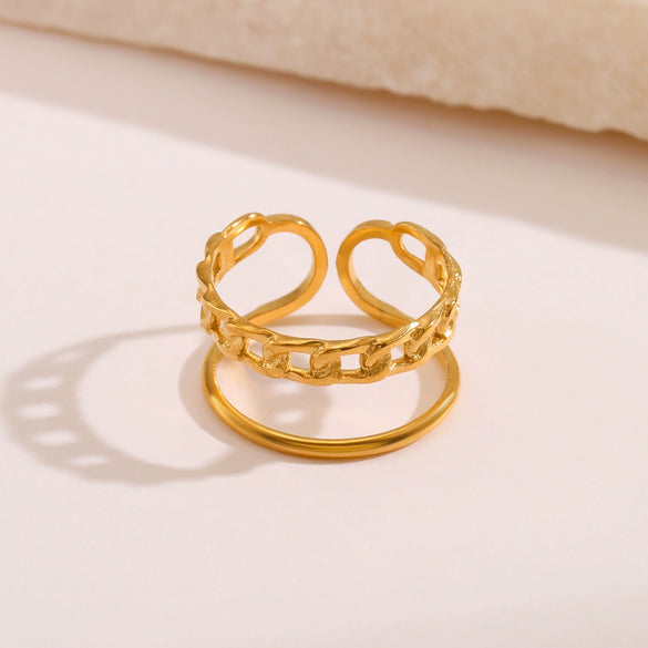 Simple Open Adjustable Ladies Stainless Steel Ring With Geometric Pattern 18K Gold Plated
