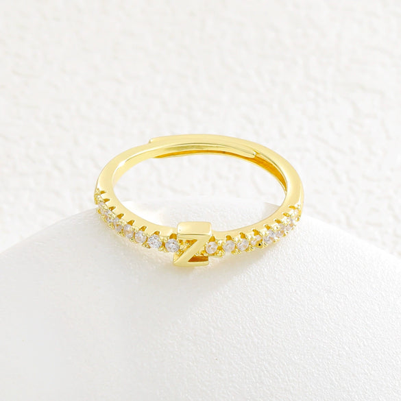 Simple Opening Adjustable Brass Plated Letter Ring Copper Inlaid With Zircon Letter Shaped