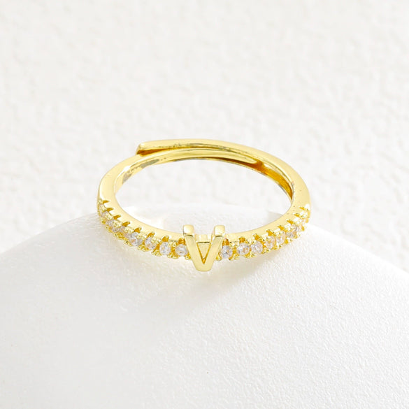 Simple Opening Adjustable Brass Plated Letter Ring Copper Inlaid With Zircon Letter Shaped