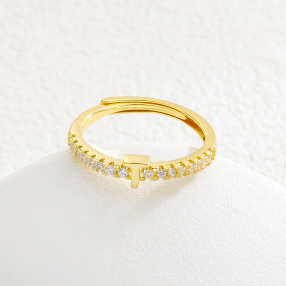 Simple Opening Adjustable Brass Plated Letter Ring Copper Inlaid With Zircon Letter Shaped
