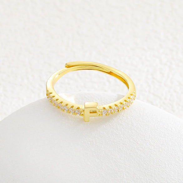 Simple Opening Adjustable Brass Plated Letter Ring Copper Inlaid With Zircon Letter Shaped