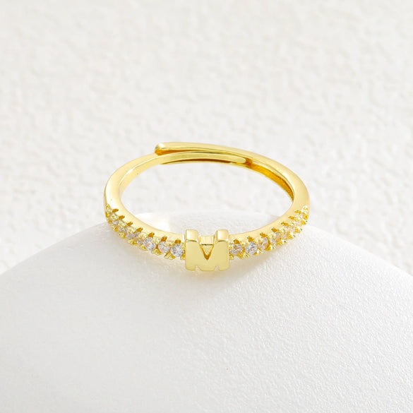 Simple Opening Adjustable Brass Plated Letter Ring Copper Inlaid With Zircon Letter Shaped