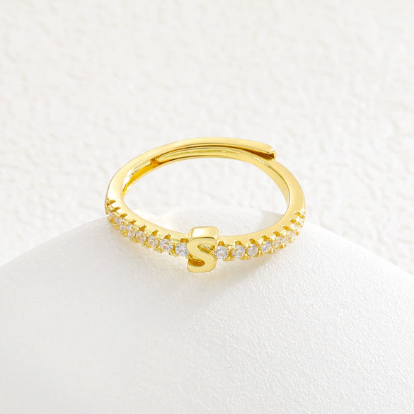 Simple Opening Adjustable Brass Plated Letter Ring Copper Inlaid With Zircon Letter Shaped