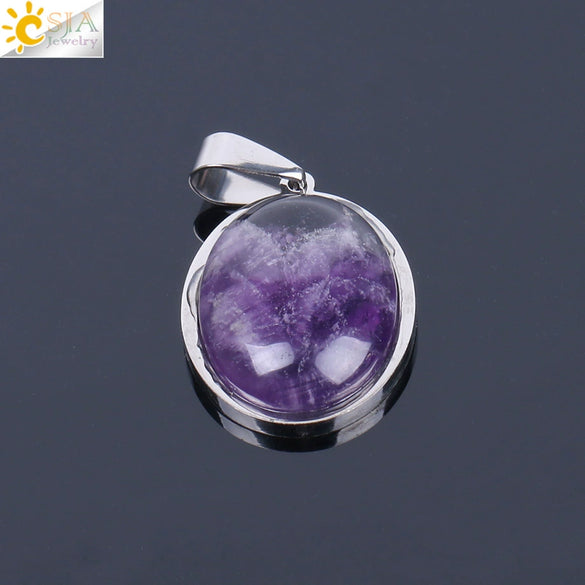 Simple Oval Convex Natural Crystal Pendant Necklace With Ball Chain Unisex Minimalist Jewelry