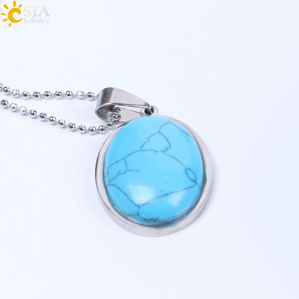 Simple Oval Convex Natural Crystal Pendant Necklace With Ball Chain Unisex Minimalist Jewelry