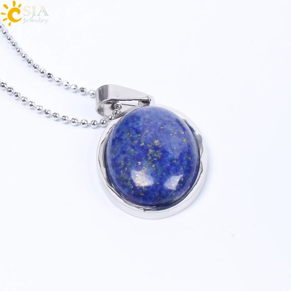 Simple Oval Convex Natural Crystal Pendant Necklace With Ball Chain Unisex Minimalist Jewelry