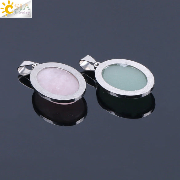 Simple Oval Convex Natural Crystal Pendant Necklace With Ball Chain Unisex Minimalist Jewelry