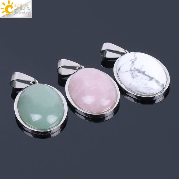 Simple Oval Convex Natural Crystal Pendant Necklace With Ball Chain Unisex Minimalist Jewelry