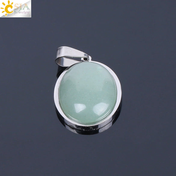 Simple Oval Convex Natural Crystal Pendant Necklace With Ball Chain Unisex Minimalist Jewelry