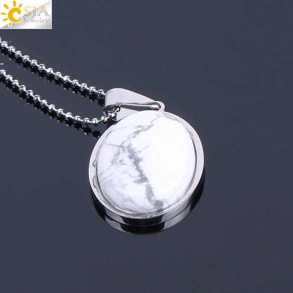 Simple Oval Convex Natural Crystal Pendant Necklace With Ball Chain Unisex Minimalist Jewelry