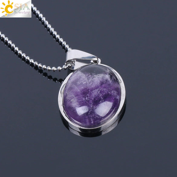 Simple Oval Convex Natural Crystal Pendant Necklace With Ball Chain Unisex Minimalist Jewelry