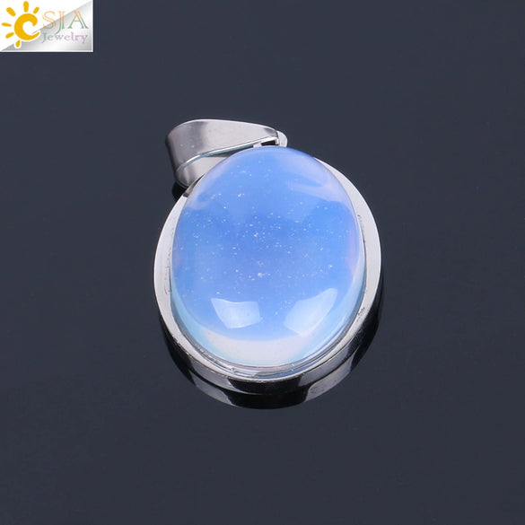 Simple Oval Convex Natural Crystal Pendant Necklace With Ball Chain Unisex Minimalist Jewelry