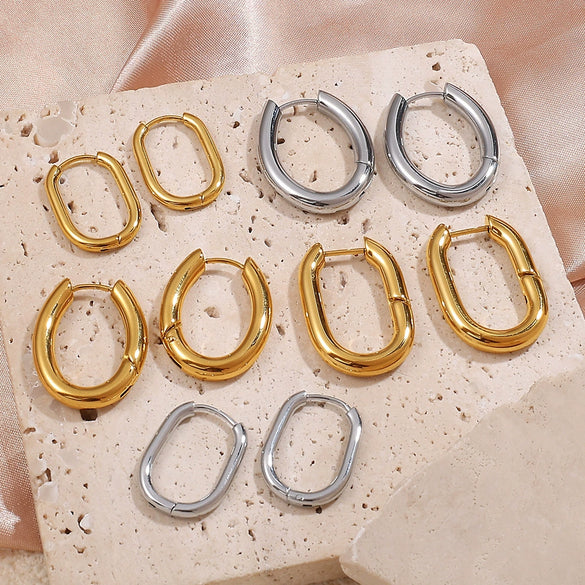 Simple Oval 316L Stainless Steel Hoop Earrings For Women With Electroplating