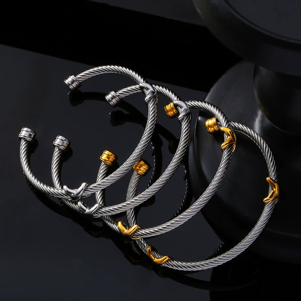 Simple Personality Twist Steel Wire Opening Adjustable All Match Bracelet In Stainless Steel With Electroplating