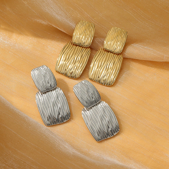 Simple Pleated Texture Stainless Steel Electroplated Rectangular Women's Earrings