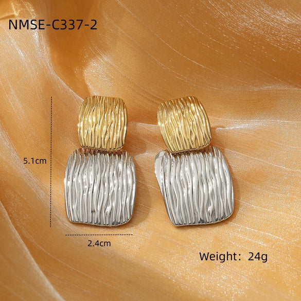 Simple Pleated Texture Stainless Steel Electroplated Rectangular Women's Earrings