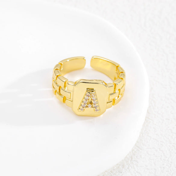 Simple Retro Adjustable Open Ring Copper With Zirconia 26 English Letters Design