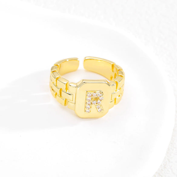 Simple Retro Adjustable Open Ring Copper With Zirconia 26 English Letters Design