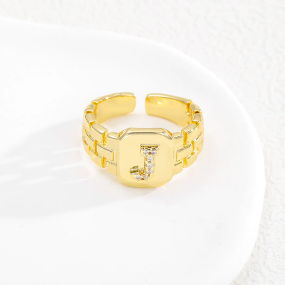Simple Retro Adjustable Open Ring Copper With Zirconia 26 English Letters Design
