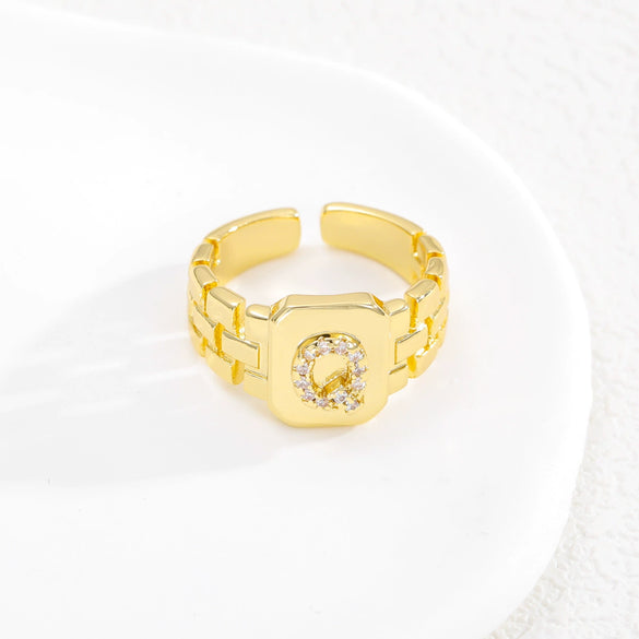 Simple Retro Adjustable Open Ring Copper With Zirconia 26 English Letters Design