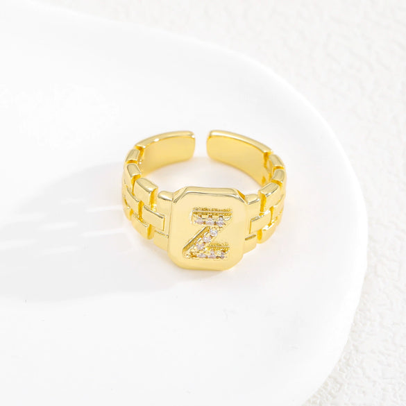 Simple Retro Adjustable Open Ring Copper With Zirconia 26 English Letters Design
