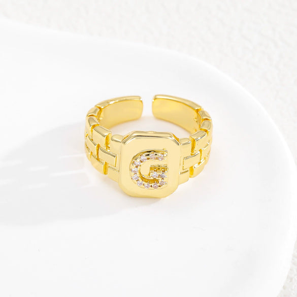 Simple Retro Adjustable Open Ring Copper With Zirconia 26 English Letters Design