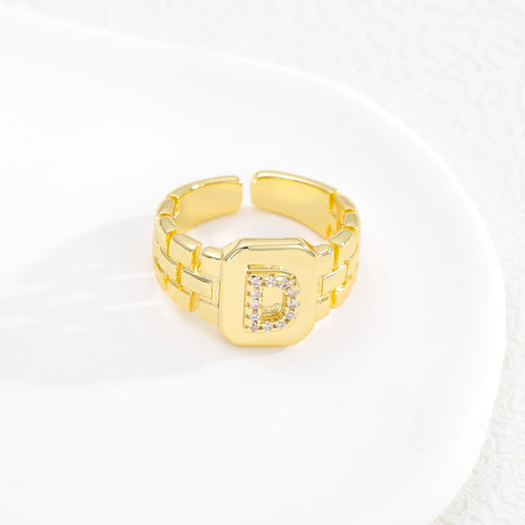 Simple Retro Adjustable Open Ring Copper With Zirconia 26 English Letters Design