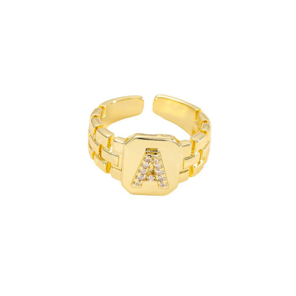 Simple Retro Adjustable Open Ring Copper With Zirconia 26 English Letters Design