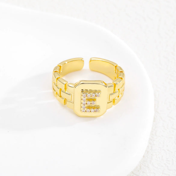 Simple Retro Adjustable Open Ring Copper With Zirconia 26 English Letters Design
