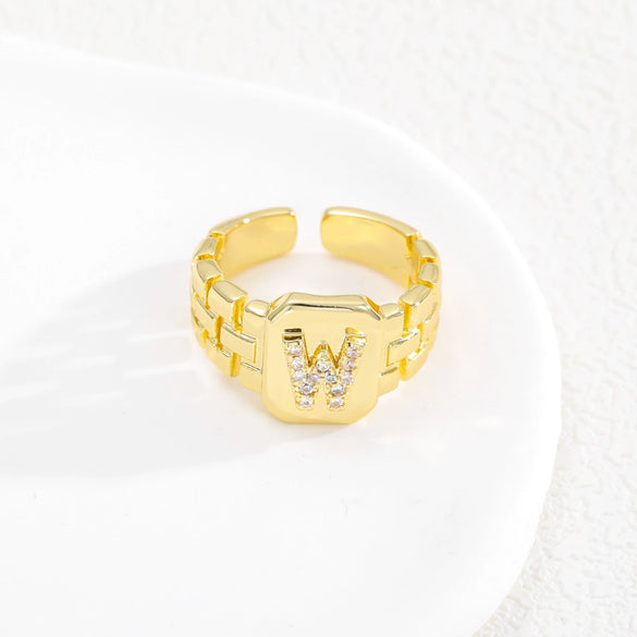 Simple Retro Adjustable Open Ring Copper With Zirconia 26 English Letters Design