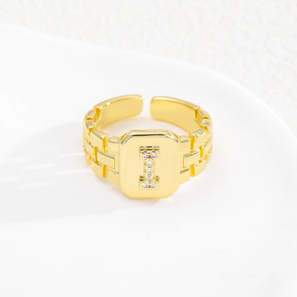 Simple Retro Adjustable Open Ring Copper With Zirconia 26 English Letters Design