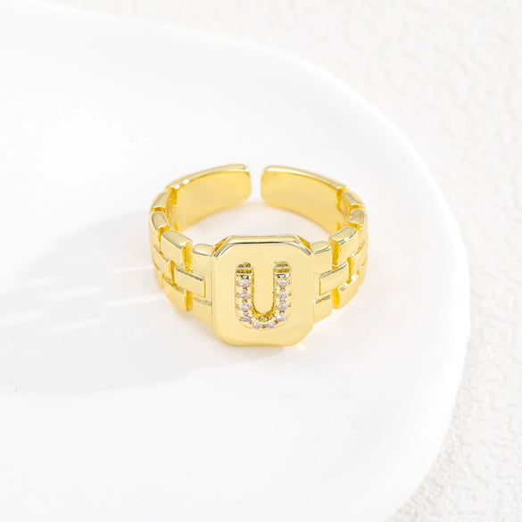 Simple Retro Adjustable Open Ring Copper With Zirconia 26 English Letters Design
