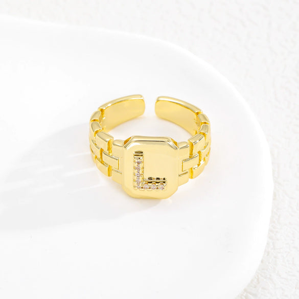 Simple Retro Adjustable Open Ring Copper With Zirconia 26 English Letters Design