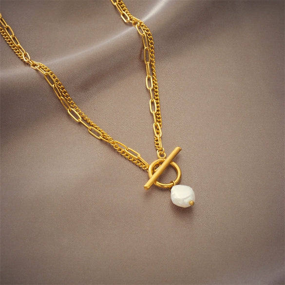 Simple Retro Baroque Pearl Irregular Ot Double Chain Titanium Steel Punk Necklace With Electroplating Geometric Design