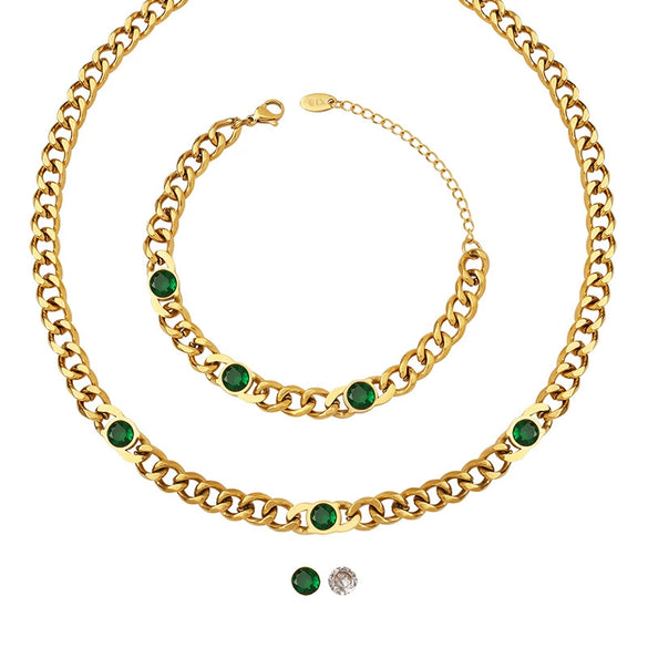Simple Retro Choker Jewelry Set With Titanium Steel Gold Plated Cuban Chain And Inlaid White Green Zircon