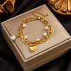 Simple Retro Design Metal Love Pearl Pendant Multilayer Chain Bracelet For Women Stainless Steel Electroplated