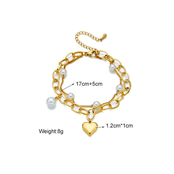Simple Retro Design Metal Love Pearl Pendant Multilayer Chain Bracelet For Women Stainless Steel Electroplated