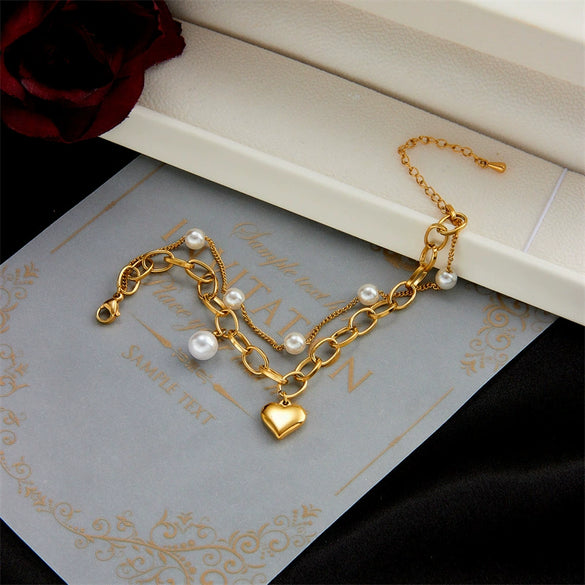 Simple Retro Design Metal Love Pearl Pendant Multilayer Chain Bracelet For Women Stainless Steel Electroplated