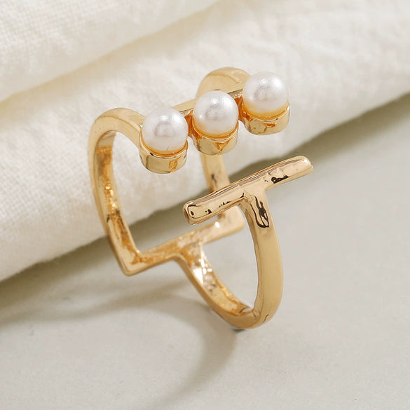 Simple Retro Geometric Pearl Open Ring In Alloy With Pearl Inlay Fashion Adjustable Unisex Statement Ring