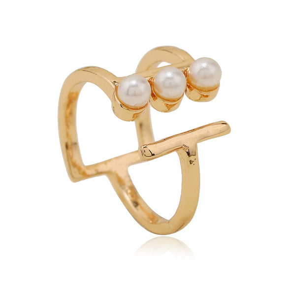 Simple Retro Geometric Pearl Open Ring In Alloy With Pearl Inlay Fashion Adjustable Unisex Statement Ring