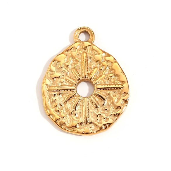 Simple Retro Geometric Stainless Steel Jewelry Accessories 18K Gold Plated Hammered Sun Moon Pendant