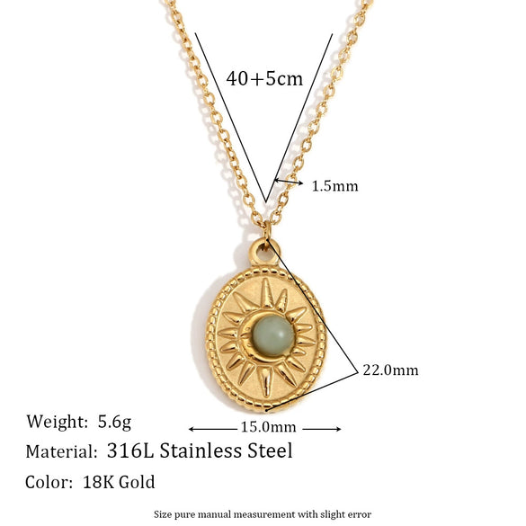 Simple Retro Jewelry Stainless Steel And Titanium Steel Oval Sun Natural Stone Pendant Necklace With Geometric Pattern And Electroplating For Women