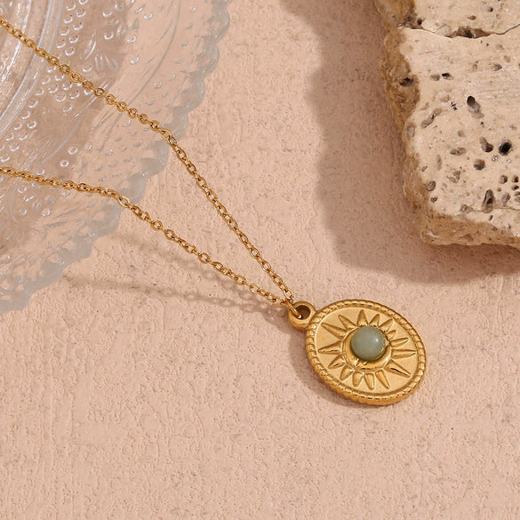 Simple Retro Jewelry Stainless Steel And Titanium Steel Oval Sun Natural Stone Pendant Necklace With Geometric Pattern And Electroplating For Women