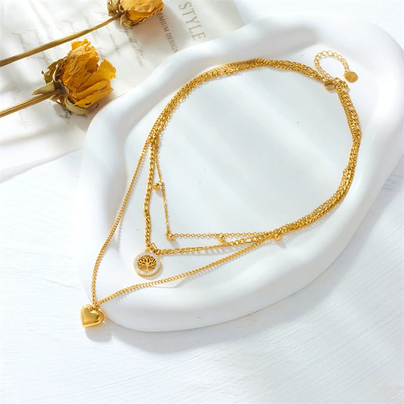 Simple Retro Multilayer Chain Love Round Pendant Necklace In Stainless Steel With Electroplating Treatment