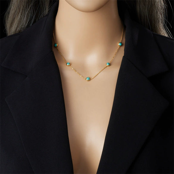 Simple Round Blue Turquoise Stainless Steel Chain Earrings And Necklace With Electroplating Design For Girls